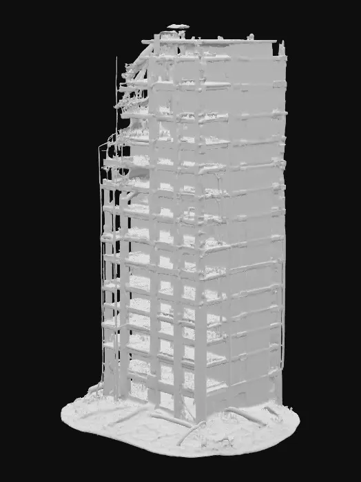 3D model for ruined skyscraper in an apocalyptic world, partially collapsed with broken windows and exposed steel beams, large sections of the façade missing, leaning structure with cracked concrete and twisted metal, dark and desolate, ultra realistic and highly detailed