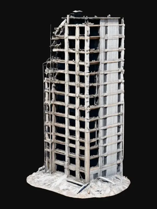 3D model for ruined skyscraper in an apocalyptic world, partially collapsed with broken windows and exposed steel beams, large sections of the façade missing, leaning structure with cracked concrete and twisted metal, dark and desolate, ultra realistic and highly detailed