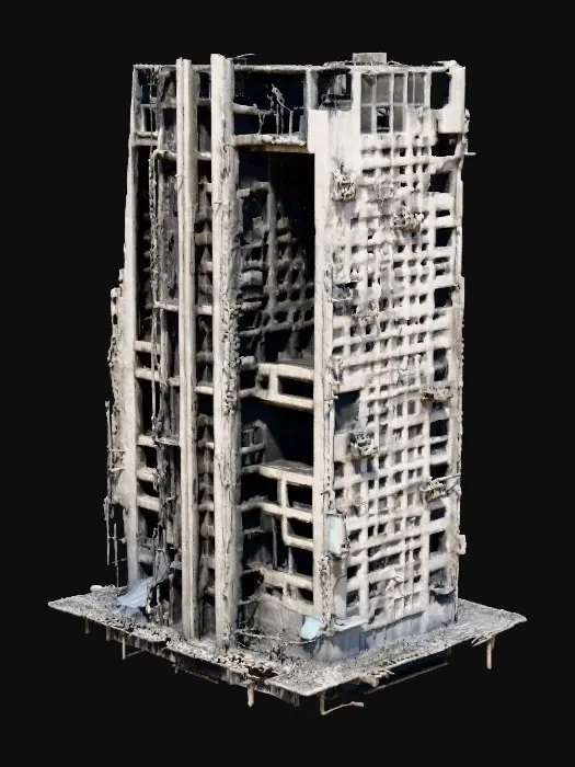 3D model for ruined skyscraper in an apocalyptic world, partially collapsed with broken windows and exposed steel beams, large sections of the façade missing, leaning structure with cracked concrete and twisted metal, dark and desolate, ultra realistic and highly detailed