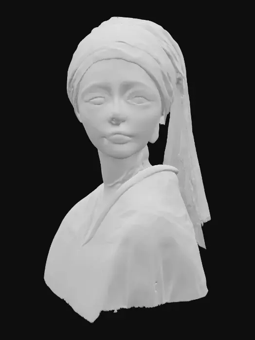 3D model for head of a girl with a pearl earring, soft youthful face, calm expression, wearing a blue and gold turban and a pearl earring, inspired by Vermeer’s style, highly detailed and ultra realistic