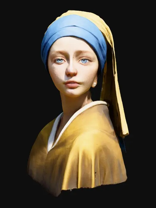3D model for head of a girl with a pearl earring, soft youthful face, calm expression, wearing a blue and gold turban and a pearl earring, inspired by Vermeer’s style, highly detailed and ultra realistic