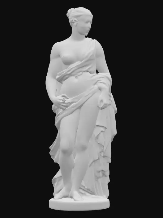 3D model for > classical marble statue of a woman in a dynamic pose, one foot stepping forward and torso subtly twisted, one arm extended outward as if presenting or reaching, the other bent close to her body, draped in flowing Greco-Roman robes with detailed folds, hair styled in an elegant updo, expression focused and serene, ultra realistic and highly detailed 3D model

