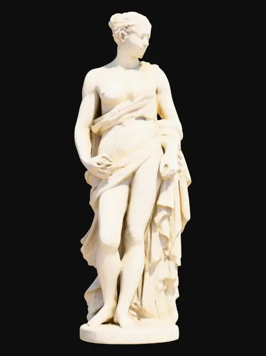 3D model for > classical marble statue of a woman in a dynamic pose, one foot stepping forward and torso subtly twisted, one arm extended outward as if presenting or reaching, the other bent close to her body, draped in flowing Greco-Roman robes with detailed folds, hair styled in an elegant updo, expression focused and serene, ultra realistic and highly detailed 3D model
