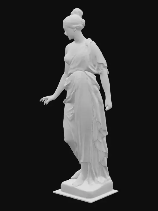3D model for > classical marble statue of a woman in a dynamic pose, one foot stepping forward and torso subtly twisted, one arm extended outward as if presenting or reaching, the other bent close to her body, draped in flowing Greco-Roman robes with detailed folds, hair styled in an elegant updo, expression focused and serene, ultra realistic and highly detailed 3D model
