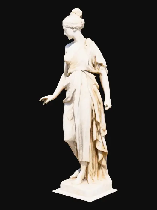 3D model for > classical marble statue of a woman in a dynamic pose, one foot stepping forward and torso subtly twisted, one arm extended outward as if presenting or reaching, the other bent close to her body, draped in flowing Greco-Roman robes with detailed folds, hair styled in an elegant updo, expression focused and serene, ultra realistic and highly detailed 3D model
