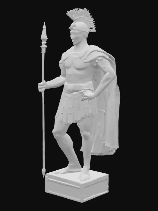 3D model for > classical marble statue of an armored male figure in a relaxed contrapposto stance, one leg slightly bent, left hand resting on his hip, right hand holding a staff or spear pointed downward, wearing a detailed muscle cuirass, short warrior tunic, and a plumed helmet, cloak draped behind him for added grandeur, Greco-Roman style, ultra realistic and highly detailed 3D model
