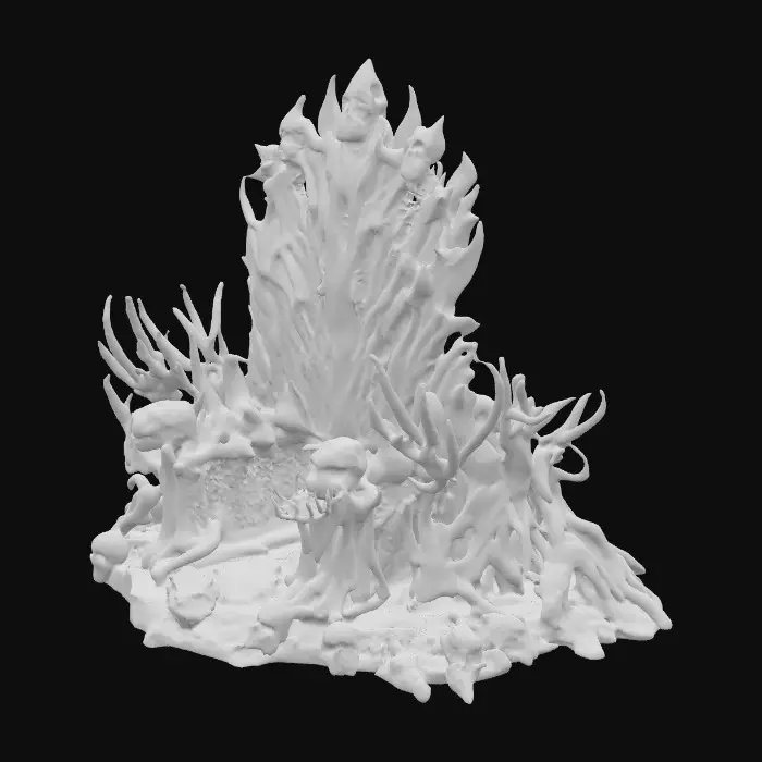 3D model for grotesque throne made of twisted bones and aged stone, uneven and jagged design, dark surreal style, beksiński inspired, highly detailed and ultra realistic