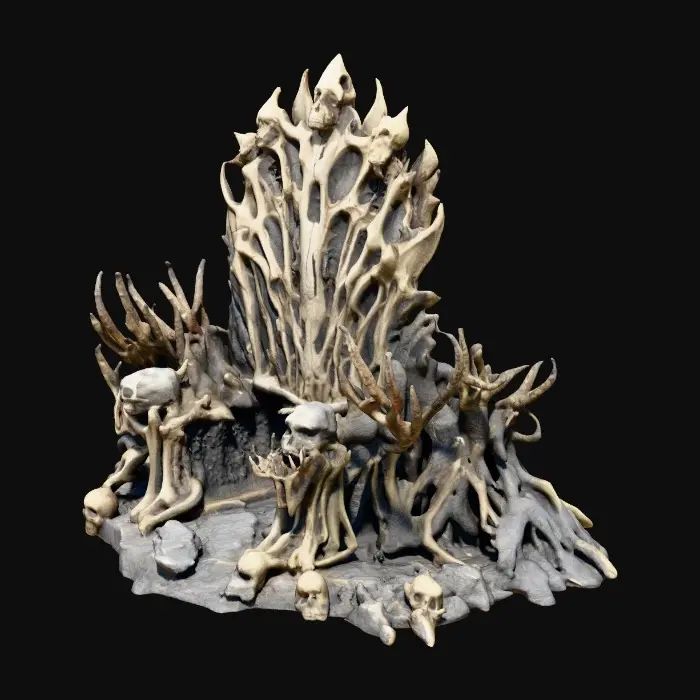 3D model for grotesque throne made of twisted bones and aged stone, uneven and jagged design, dark surreal style, beksiński inspired, highly detailed and ultra realistic