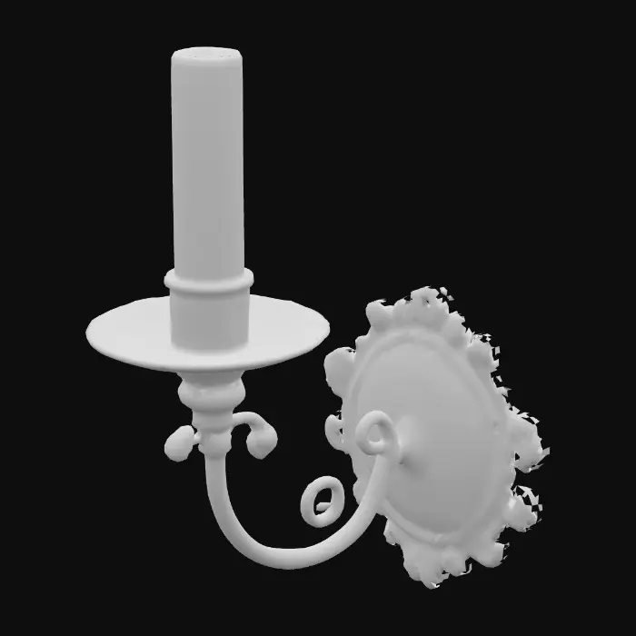 3D model for antique metal wall-mounted candle holder with a curved arm and simple plate, 17th-century Dutch style, slightly rusted, holding a short beeswax candle, highly detailed and realistic