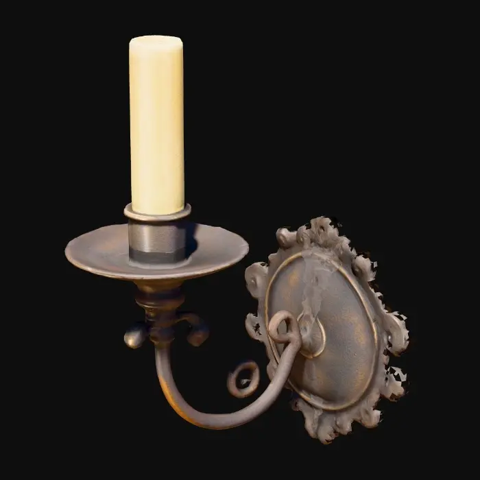 3D model for antique metal wall-mounted candle holder with a curved arm and simple plate, 17th-century Dutch style, slightly rusted, holding a short beeswax candle, highly detailed and realistic