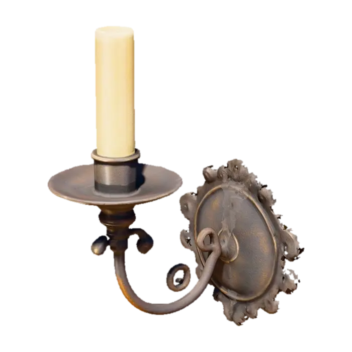 antique metal wall-mounted candle holder with a curved arm and simple plate,… - Candleholder 3D model, vytvořený pomocí AI