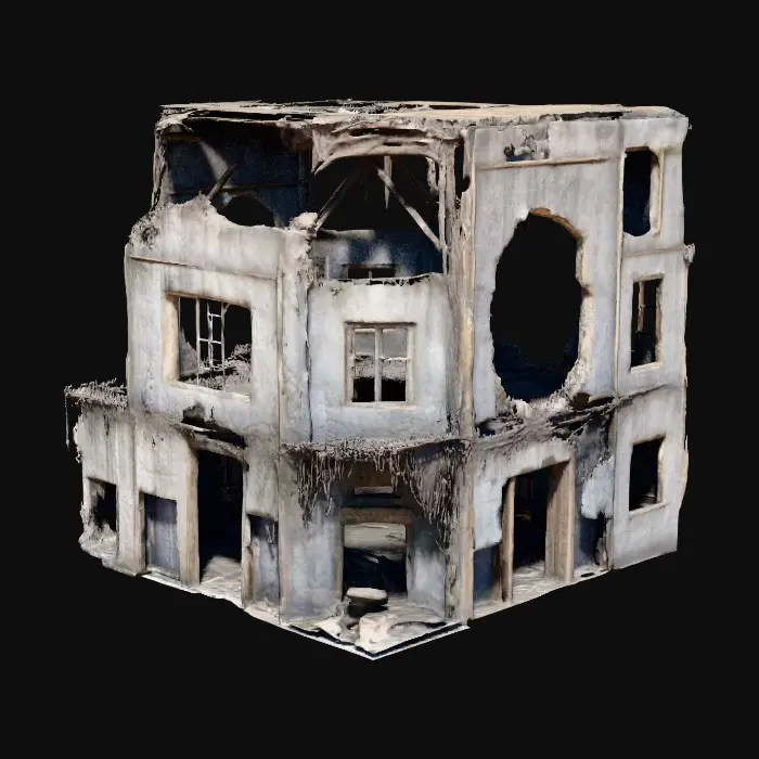 3D model for crumbling building in an apocalyptic world, partially collapsed structure with exposed rebar and shattered concrete, overgrown with dead vines and debris, broken windows, twisted metal, and scorched surfaces, eerie and desolate atmosphere, highly detailed and ultra realistic