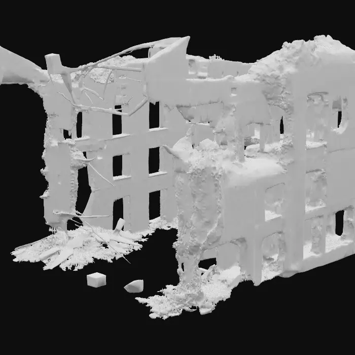 3D model for ruined building in an apocalyptic world, collapsed walls and shattered concrete, exposed metal beams twisted from impact, broken windows, craters and scorch marks across the surface, dark and desolate atmosphere, ultra realistic and highly detailed