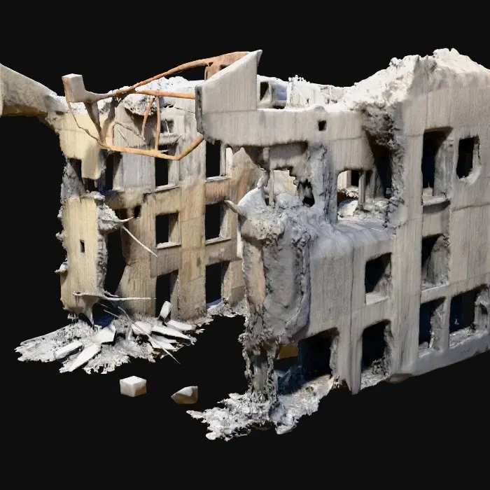 3D model for ruined building in an apocalyptic world, collapsed walls and shattered concrete, exposed metal beams twisted from impact, broken windows, craters and scorch marks across the surface, dark and desolate atmosphere, ultra realistic and highly detailed