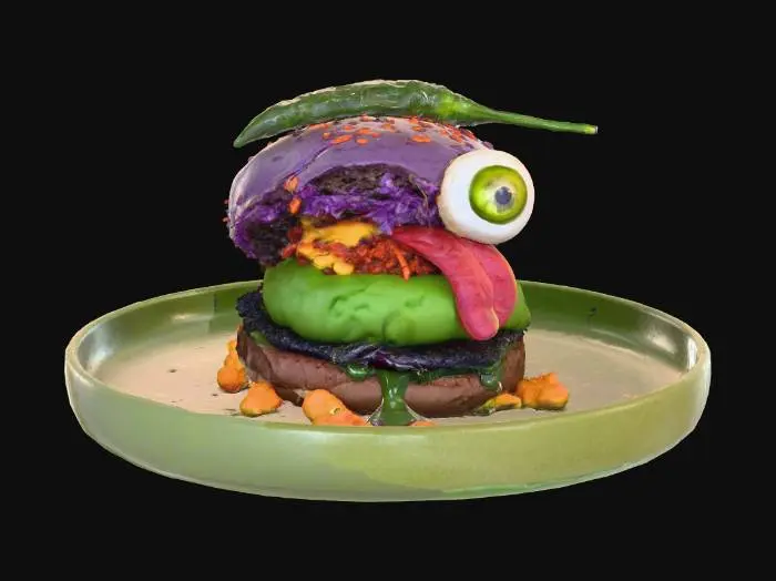 3D model for A vada pav a indian burger converted into a hallowen theme has a eye and tonue and crazy hallowen look., #Halloween2025#