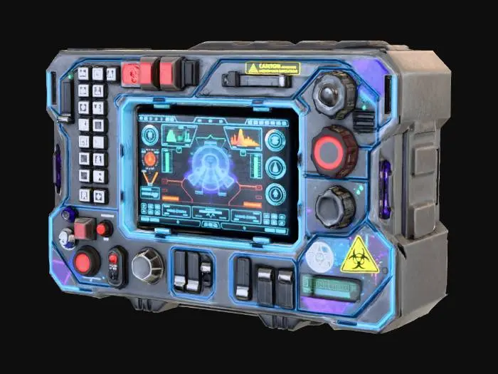 3D model for Brainstrom a Highly detailed Properly mechnised for game a heavy scifi looking Tablet that has a lots of buttons and controls on it for controling nuclear station, A colofrful textures arounf the tab and a stickers to it. Make it clear without and distorations or blurryness. Clean Toplogy and textures. With flat gray background.