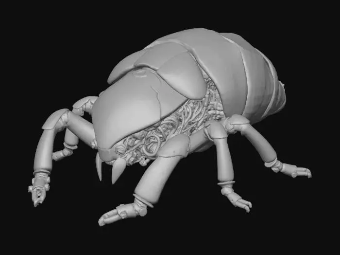 3D model for A stealthy spy robot, sleekly designed in a futuristic cockroach body style. Its segmented carapace features clean mesh topology with a smooth, subtly undulating "melted wax" metallic texture, reflecting crisp sci-fi details. Integrated sensors and articulated limbs showcase intricate mechanisms. The surface gleams with dark, weathered composite materials and subtle glowing accents, reminiscent of Cyberpunk's grimy yet advanced aesthetics, maintaining extreme detail and CG perfection.
