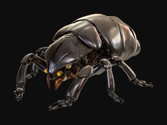 3D model for A stealthy spy robot, sleekly designed in a futuristic cockroach body style. Its segmented carapace features clean mesh topology with a smooth, subtly undulating "melted wax" metallic texture, reflecting crisp sci-fi details. Integrated sensors and articulated limbs showcase intricate mechanisms. The surface gleams with dark, weathered composite materials and subtle glowing accents, reminiscent of Cyberpunk's grimy yet advanced aesthetics, maintaining extreme detail and CG perfection.