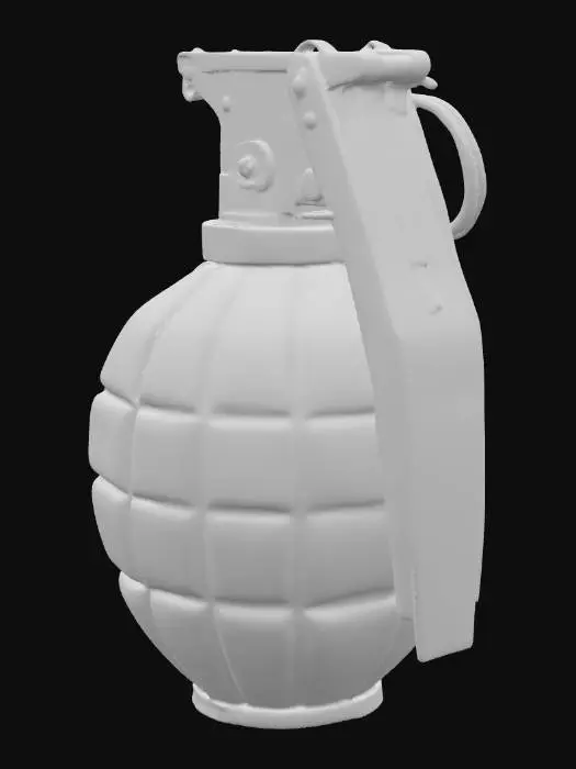 3D model for A game-ready 3D model of a grenade with a realistic hard-surface design. It is compact, detailed, and optimized for video games. The grenade has a metallic body featuring subtle wear and scratches, a clearly defined safety lever, and a visible pin. Its style is military-inspired yet slightly futuristic, suitable for a modern shooter game. The model maintains a clean UV layout, proper proportions, and sharp edges, making it PBR-friendly with appropriate base color, roughness, metallic, and normal maps.