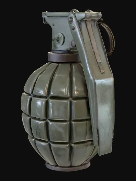 3D model for A game-ready 3D model of a grenade with a realistic hard-surface design. It is compact, detailed, and optimized for video games. The grenade has a metallic body featuring subtle wear and scratches, a clearly defined safety lever, and a visible pin. Its style is military-inspired yet slightly futuristic, suitable for a modern shooter game. The model maintains a clean UV layout, proper proportions, and sharp edges, making it PBR-friendly with appropriate base color, roughness, metallic, and normal maps.