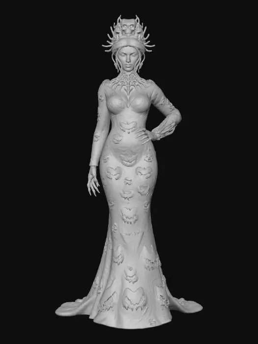 3D model for #Halloween2025#, A wonderfully evil-looking female Halloween partygoer, adorned in a form-fitting, darkly vibrant orange and black gown, intricately textured like carved pumpkin skin with subtly glowing, grotesque pumpkin faces woven into the fabric. Her dramatic makeup features sharp, elongated eyeliner, dark crimson lips, and shadowed contours enhancing a wicked expression. She wears ornate, skeletal accessories, giving her a formidable, tactile presence of rough fabric and cold metal.