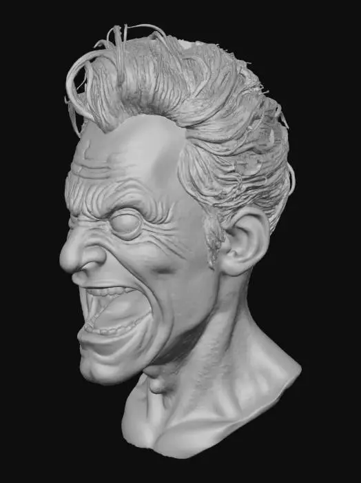 3D model for A hyper-detailed 3D model of an enraged male face, exhibiting deep, expressive wrinkles across the forehead, nose, and around intense, narrowed green eyes. The skin texture is highly realistic, showing pores and stubble. Messy dark brown hair frames the face, which has a prominent jawline and exposed yellowish teeth. The overall form conveys raw emotion, with sharp shadows emphasizing every furrow and contour against a neutral grey background, embodying CG perfection.