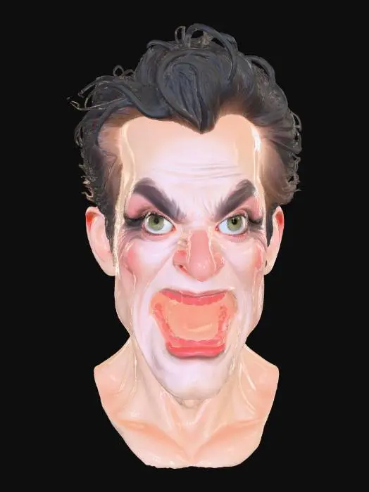 3D model for A hyper-detailed 3D model of an enraged male face, exhibiting deep, expressive wrinkles across the forehead, nose, and around intense, narrowed green eyes. The skin texture is highly realistic, showing pores and stubble. Messy dark brown hair frames the face, which has a prominent jawline and exposed yellowish teeth. The overall form conveys raw emotion, with sharp shadows emphasizing every furrow and contour against a neutral grey background, embodying CG perfection.