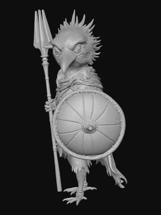 3D model for A stylized 3D tiny crow warrior, poised proudly like a knight. Its detailed armor blends dried cornhusks, stitched feathers, and rusty, hammered farm tool plates. A flowing corn-leaf cloak drapes in warm autumn golds, browns, and greens. It wields a worn metal pitchfork spear and a round pumpkin shield with subtle battle patterns. Hand-painted textures and cinematic warm lighting dramatically highlight its bold silhouette, an ultra-detailed, game-ready hero asset.