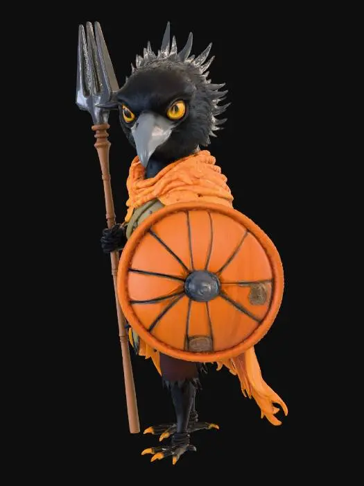 3D model for A stylized 3D tiny crow warrior, poised proudly like a knight. Its detailed armor blends dried cornhusks, stitched feathers, and rusty, hammered farm tool plates. A flowing corn-leaf cloak drapes in warm autumn golds, browns, and greens. It wields a worn metal pitchfork spear and a round pumpkin shield with subtle battle patterns. Hand-painted textures and cinematic warm lighting dramatically highlight its bold silhouette, an ultra-detailed, game-ready hero asset.