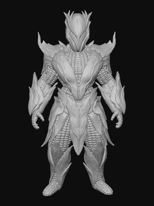 3D model for #Thanksgiving#, A stylized character, Cornspire – The Kernel Assassin, boasts a sleek body formed from tightly packed, glossy golden corn kernels, creating a layered, bold silhouette. It wears sharp, flowing matte corn-leaf armor, edged like razor blades, and a dried corn cob mask with glowing ember-hot eye slits. Its structure is defined by the organic yet aggressive forms of corn. The warm fall palette of gold, amber, moss green, and deep brown, combined with its unique material, gives it a cool, mysterious, and highly stylized tactile presence., #Thanksgiving#