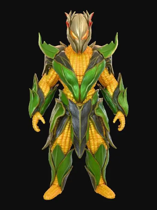 3D model for #Thanksgiving#, A stylized character, Cornspire – The Kernel Assassin, boasts a sleek body formed from tightly packed, glossy golden corn kernels, creating a layered, bold silhouette. It wears sharp, flowing matte corn-leaf armor, edged like razor blades, and a dried corn cob mask with glowing ember-hot eye slits. Its structure is defined by the organic yet aggressive forms of corn. The warm fall palette of gold, amber, moss green, and deep brown, combined with its unique material, gives it a cool, mysterious, and highly stylized tactile presence., #Thanksgiving#