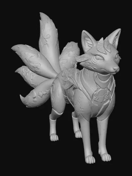 3D model for A hyper-stylized Autumnwave Synth Fox. Its sleek metallic plating and smooth bio-synthetic body pulsate with glowing neon vine circuitry. Multiple translucent hologram tails, shaped like autumn leaves, scatter shimmering light particles. A beating maple leaf core glows rhythmically in its chest, complemented by dynamic orange, gold, red, and neon green eyes. Elegant leaf-like plates adorn its back, blending nature and sci-fi., #Thanksgiving#