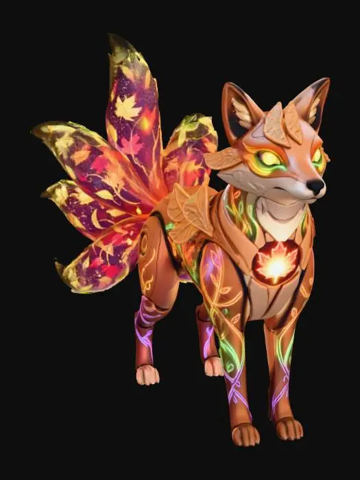 3D model for A hyper-stylized Autumnwave Synth Fox. Its sleek metallic plating and smooth bio-synthetic body pulsate with glowing neon vine circuitry. Multiple translucent hologram tails, shaped like autumn leaves, scatter shimmering light particles. A beating maple leaf core glows rhythmically in its chest, complemented by dynamic orange, gold, red, and neon green eyes. Elegant leaf-like plates adorn its back, blending nature and sci-fi., #Thanksgiving#