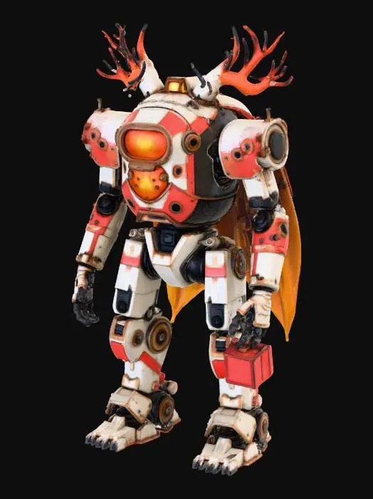 3D model for A towering, hard-surface "Wasteland Klaus" mech, cobbled from salvaged, rust-grime-snow covered metal, its head an old bomber cockpit in faded red/white. Oily, patched tarps form a rugged cape. A chained, armored cargo container on its back bursts with a golden glow. Six red-laser scanning drones, one with a bright red light, hover as "reindeer." Kneeling, its hydraulic claw extends, holding a single, pristine wrapped gift. CG-perfect, complex texturing., #Christmas2025#