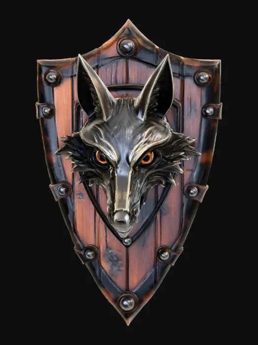 3D model for A formidable triangular shield, crafted from dark, battle-worn oak, reinforced with sturdy iron bands along its edges. Dominating the center is a menacing fox face, intricately forged from dark, burnished steel, its features sharp and cunning. The metallic texture displays fine hammer marks and subtle rust, contrasting with the rough, splintered wood grain. The shield's surface is devoid of paint, relying on the raw, grim aesthetic of its materials, ready for a warrior's grasp.