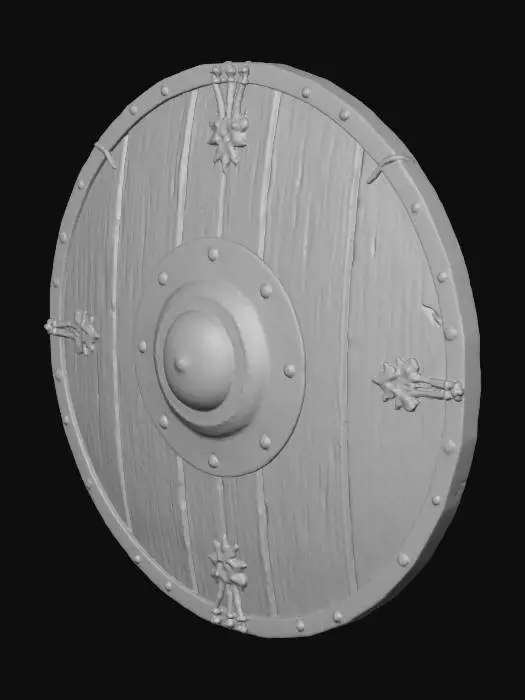 3D model for A rugged, circular Viking shield, approximately 30 inches in diameter, crafted from aged, dark-grained wood planks. Its surface is adorned with faded, hand-painted geometric patterns in deep blues and earthy reds, revealing battle scars and splintered edges. A prominent, rusted iron boss sits at its center, surrounded by hammered metal rim reinforcements. The backside features sturdy, worn leather straps, all meticulously textured for realistic, historical accuracy.