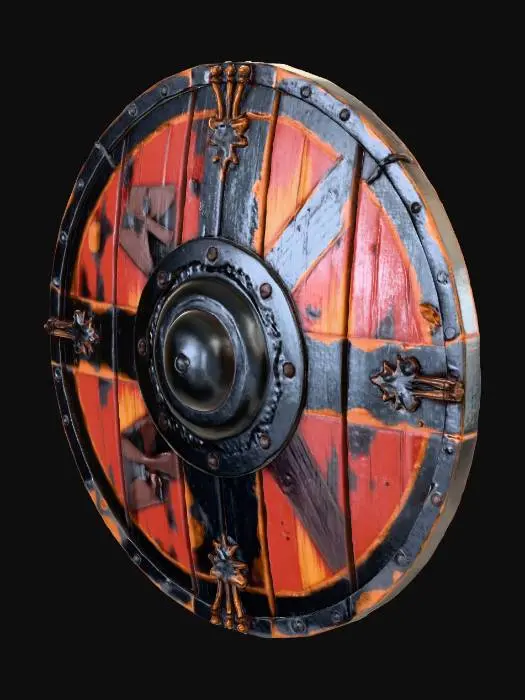 3D model for A rugged, circular Viking shield, approximately 30 inches in diameter, crafted from aged, dark-grained wood planks. Its surface is adorned with faded, hand-painted geometric patterns in deep blues and earthy reds, revealing battle scars and splintered edges. A prominent, rusted iron boss sits at its center, surrounded by hammered metal rim reinforcements. The backside features sturdy, worn leather straps, all meticulously textured for realistic, historical accuracy.