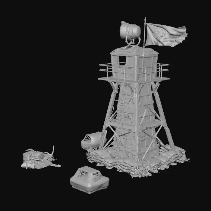 3D model for A tall, rusted metal watchtower built for guarding the main gate of a post-apocalyptic settlement. The tower is made from welded scrap metal sheets, rusted steel beams, barbed wires, and sandbags at the base. It has an old spotlight mounted on top, a tattered flag waving, and a ladder made from old pipes. The environment around it shows dust, dry ground, and remnants of civilization — cracked concrete, burnt vehicles, and scattered debris. Realistic lighting with sunset tones. Ultra-realistic, cinematic atmosphere, highly detailed textures, worn paint, bolts, scratches, weathered metal, and faded warning signs. HDR, PBR materials, 8K, depth of field, volumetric dust.