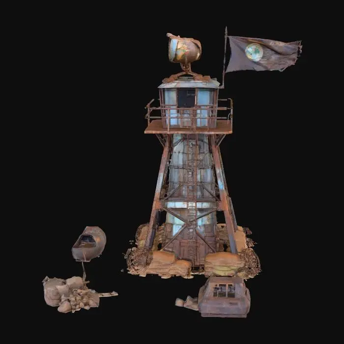 3D model for A tall, rusted metal watchtower built for guarding the main gate of a post-apocalyptic settlement. The tower is made from welded scrap metal sheets, rusted steel beams, barbed wires, and sandbags at the base. It has an old spotlight mounted on top, a tattered flag waving, and a ladder made from old pipes. The environment around it shows dust, dry ground, and remnants of civilization — cracked concrete, burnt vehicles, and scattered debris. Realistic lighting with sunset tones. Ultra-realistic, cinematic atmosphere, highly detailed textures, worn paint, bolts, scratches, weathered metal, and faded warning signs. HDR, PBR materials, 8K, depth of field, volumetric dust.