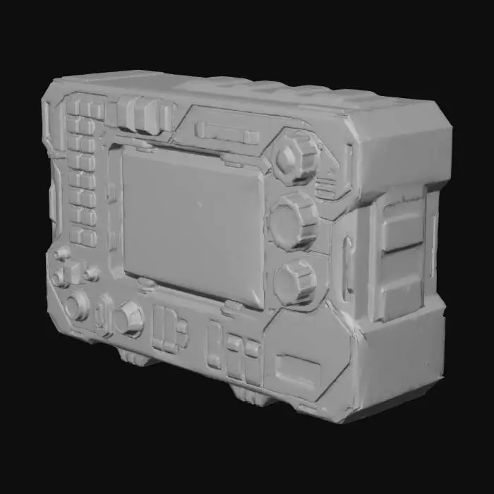 3D model for Brainstrom a Highly detailed Properly mechnised for game a heavy scifi looking Tablet that has a lots of buttons and controls on it for controling nuclear station, A colofrful textures arounf the tab and a stickers to it. Make it clear without and distorations or blurryness. Clean Toplogy and textures. With flat gray background.