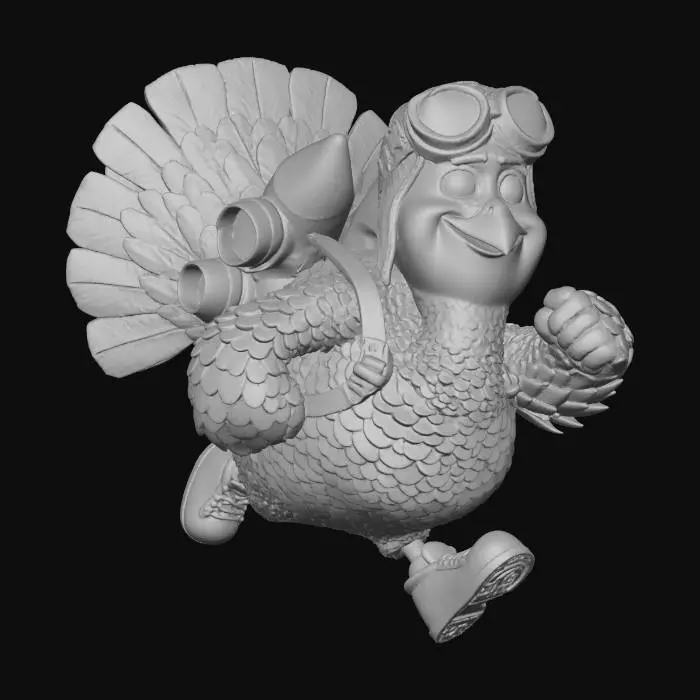 3D model for #Thanksgiving#, A stylized Pixar-quality 3D character: a chubby, adorable turkey wearing bright red sneakers and round flying goggles. He has a small metallic jet-pack strapped to his back with glowing orange thrusters. Feathers are vibrant in warm fall colors (orange, red, gold), slightly exaggerated and fluffy. The character looks energetic and mischievous, mid-run as if escaping a Thanksgiving feast. Lighting is soft and cinematic, with detailed textures, shiny metal on the jetpack, smooth skin, and subtle feather fuzz. Render in ultra-high quality, wide clean background, perfect for character turntable or hero shot.”