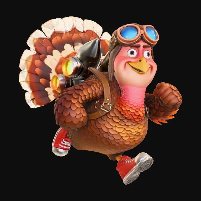 3D model for #Thanksgiving#, A stylized Pixar-quality 3D character: a chubby, adorable turkey wearing bright red sneakers and round flying goggles. He has a small metallic jet-pack strapped to his back with glowing orange thrusters. Feathers are vibrant in warm fall colors (orange, red, gold), slightly exaggerated and fluffy. The character looks energetic and mischievous, mid-run as if escaping a Thanksgiving feast. Lighting is soft and cinematic, with detailed textures, shiny metal on the jetpack, smooth skin, and subtle feather fuzz. Render in ultra-high quality, wide clean background, perfect for character turntable or hero shot.”