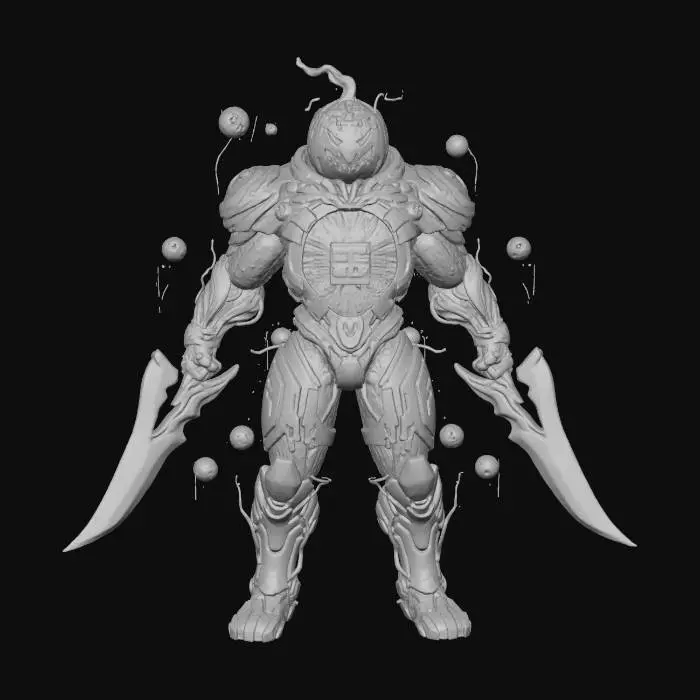 3D model for A futuristic Thanksgiving character, Harvest Hacker – Pumpkin Core AI, boasts a body blending organic pumpkin textures with sleek metallic sci-fi plating. Its chest cavity glows like a high-tech CPU, with golden vine-circuits forming luminous neural pathways. Semi-transparent hologram blades, shifting orange to neon green, extend from its forearms. A pumpkin-stem antenna acts as a bio-signal receiver. Small, spherical drone-seeds hover nearby. The surfaces combine smooth metal, rough organic pumpkin, and glowing energy, creating a heroic, alien, and high-tech tactile presence., #Thanksgiving#