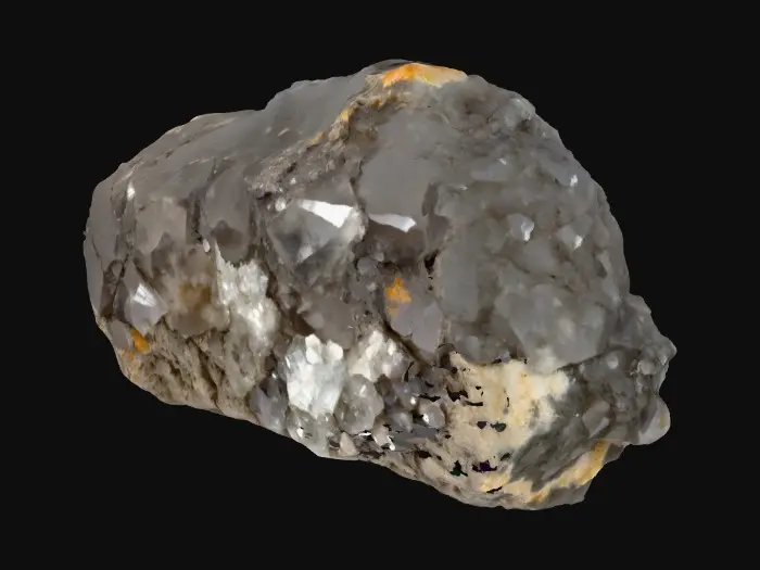 3D model for A raw, unrefined crystal ore rock, combining a rugged, dark grey or earthy brown matrix with visible veins and clusters of translucent crystals. The rock portion features a rough, porous texture, while the embedded crystals showcase smooth, sharp facets and angular, geometric forms. These crystalline growths could range from clear quartz to deep amethyst or vibrant aquamarine, reflecting light with an internal glow and feeling cool and slick to the touch amidst the abrasive stone.