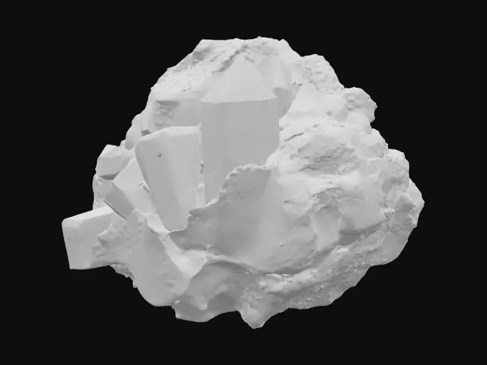 3D model for A raw, unrefined crystal ore rock, combining a rugged, dark grey or earthy brown matrix with visible veins and clusters of translucent crystals. The rock portion features a rough, porous texture, while the embedded crystals showcase smooth, sharp facets and angular, geometric forms. These crystalline growths could range from clear quartz to deep amethyst or vibrant aquamarine, reflecting light with an internal glow and feeling cool and slick to the touch amidst the abrasive stone.