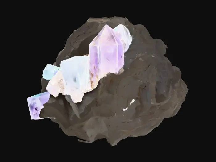 3D model for A raw, unrefined crystal ore rock, combining a rugged, dark grey or earthy brown matrix with visible veins and clusters of translucent crystals. The rock portion features a rough, porous texture, while the embedded crystals showcase smooth, sharp facets and angular, geometric forms. These crystalline growths could range from clear quartz to deep amethyst or vibrant aquamarine, reflecting light with an internal glow and feeling cool and slick to the touch amidst the abrasive stone.