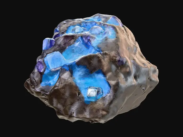 3D model for A raw, unrefined crystal ore rock, combining a rugged, dark grey or earthy brown matrix with visible veins and clusters of translucent crystals. The rock portion features a rough, porous texture, while the embedded crystals showcase smooth, sharp facets and angular, geometric forms. These crystalline growths range from deep sapphire to amethyst and vibrant aquamarine, reflecting blue light with an internal glow and feeling cool and slick to the touch amidst the abrasive stone.