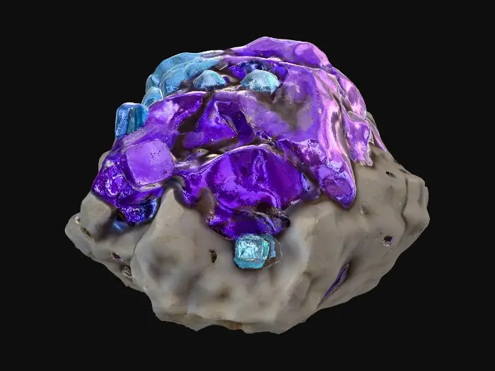 3D model for A raw, unrefined crystal ore rock, combining a rugged, dark grey or earthy brown matrix with visible veins and clusters of translucent crystals. The rock portion features a rough, porous texture, while the embedded crystals showcase smooth, sharp facets and angular, geometric forms. These crystalline growths range from deep sapphire to amethyst and vibrant aquamarine, reflecting blue light with an internal glow and feeling cool and slick to the touch amidst the abrasive stone.