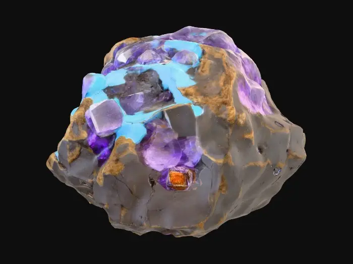 3D model for A raw, unrefined crystal ore rock, combining a rugged, dark grey or earthy brown matrix with visible veins and clusters of translucent crystals. The rock portion features a rough, porous texture, while the embedded crystals showcase smooth, sharp facets and angular, geometric forms. These crystalline growths range from deep sapphire to amethyst and vibrant aquamarine, reflecting blue light with an internal glow and feeling cool and slick to the touch amidst the abrasive stone.