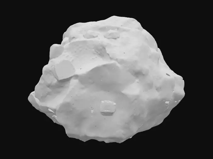 3D model for A raw, unrefined crystal ore rock, combining a rugged, dark grey or earthy brown matrix with visible veins and clusters of translucent crystals. The rock portion features a rough, porous texture, while the embedded crystals showcase smooth, sharp facets and angular, geometric forms. These crystalline growths range from deep sapphire to amethyst and vibrant aquamarine, reflecting blue light with an internal glow and feeling cool and slick to the touch amidst the abrasive stone.